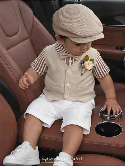 Ensemble de gentleman pour jeunes garçons 3 pièces, chemise blanche à manches courtes, t-shirt, gilet et short pantalon, confortable, pour anniversaire, fête et mariage