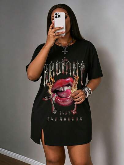 Slaydiva Robe grande taille Y2K/Style de rue/Street Sweet/Célébrité Internet Hot/Rendez-vous quotidien/Style fille sexy/Sexy/Boîte de nuit/Retour à l'école/Sortie/Hip Hop/Viral Internet/Style décadent/Motif lèvres croisées