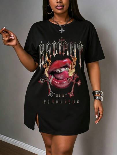 Slaydiva Robe grande taille Y2K/Style de rue/Street Sweet/Célébrité Internet Hot/Rendez-vous quotidien/Style fille sexy/Sexy/Boîte de nuit/Retour à l'école/Sortie/Hip Hop/Viral Internet/Style décadent/Motif lèvres croisées