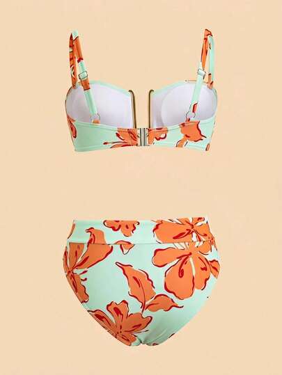 Travachic Ensemble de bikini mode plissé à imprimé floral pour femmes grandes tailles, été et plage