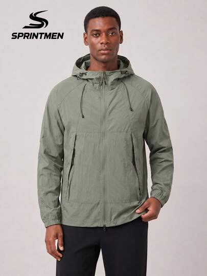 1 pièce Veste de sport légère à capuche verte pour hommes, ourlet ajustable avec cordon de serrage, polyvalente et confortable pour le plein air, la course, le cyclisme, la randonnée, la pêche et les tenues décontractées
