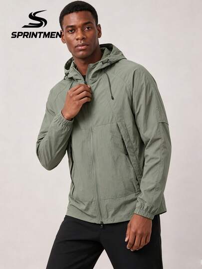1 pièce Veste de sport légère à capuche verte pour hommes, ourlet ajustable avec cordon de serrage, polyvalente et confortable pour le plein air, la course, le cyclisme, la randonnée, la pêche et les tenues décontractées