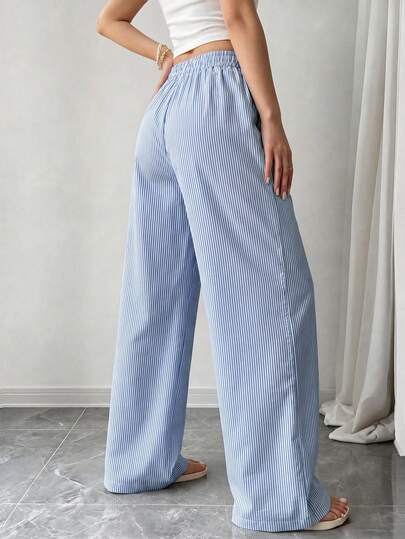 Resyla Pantalon long décontracté à imprimé rayé pour femmes, taille élastique ample, convient pour le printemps/été, l'extérieur, les vacances