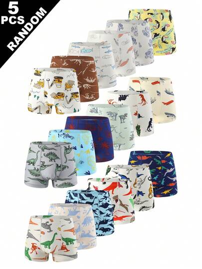(5 pièces aléatoires) Boxers caleçons pour garçons toutes saisons avec imprimé dinosaure cool style boîte mystère