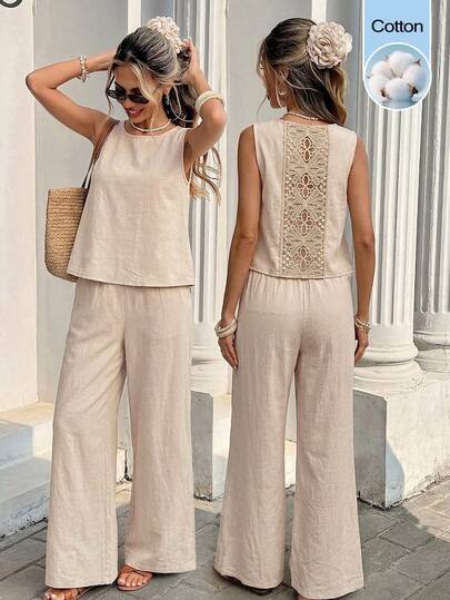 Pariaura Ensemble blouse en dentelle dos nu et pantalon large en coton pour femmes, tenue élégante et décontractée pour fête, invité de mariage, été