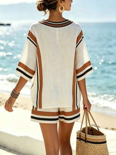 Selamara Ensemble top et short en patchwork bohème, col en V. Tenue d'été décontractée à manches courtes 2 pièces pour femmes