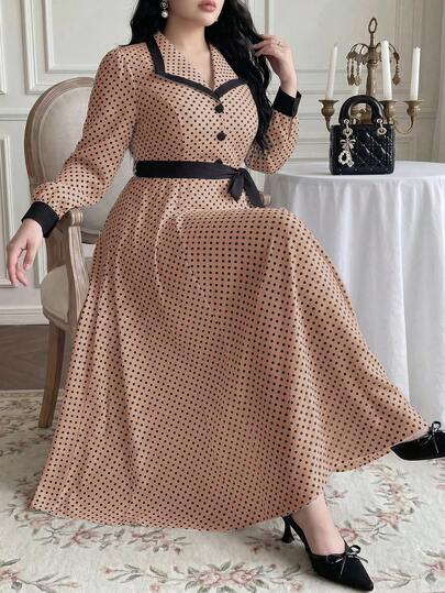 Vibekara Robe longue élégante et minimaliste pour rendez-vous et trajets, style printemps/automne, manches longues, col à revers, plissée sur le côté, rouge avec nœud, tenue femme pour vacances et été, robe japonaise mignonne et douce à pois noirs et blan