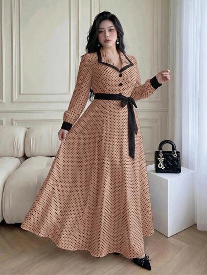 Vibekara Robe longue élégante et minimaliste pour rendez-vous et trajets, style printemps/automne, manches longues, col à revers, plissée sur le côté, rouge avec nœud, tenue femme pour vacances et été, robe japonaise mignonne et douce à pois noirs et blan