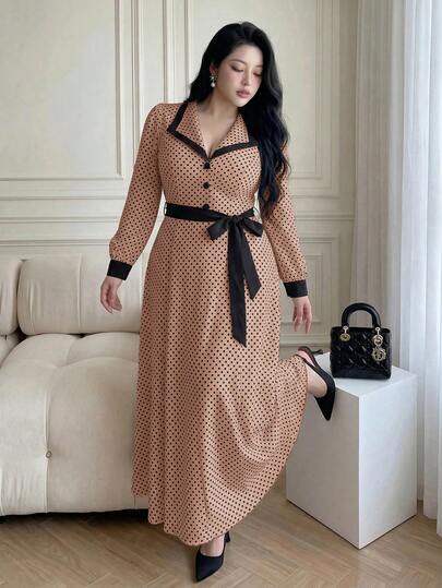 Vibekara Robe longue élégante et minimaliste pour rendez-vous et trajets, style printemps/automne, manches longues, col à revers, plissée sur le côté, rouge avec nœud, tenue femme pour vacances et été, robe japonaise mignonne et douce à pois noirs et blan