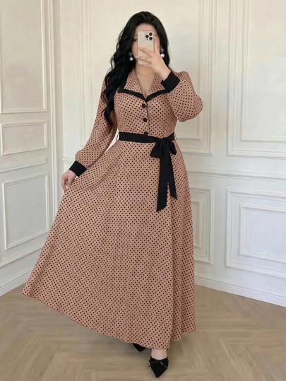 Vibekara Robe longue élégante et minimaliste pour rendez-vous et trajets, style printemps/automne, manches longues, col à revers, plissée sur le côté, rouge avec nœud, tenue femme pour vacances et été, robe japonaise mignonne et douce à pois noirs et blan