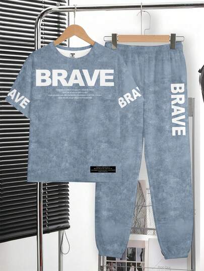 Ensemble T-shirt et pantalon long décontracté, confortable et minimaliste pour garçon préadolescent, col ras-du-cou, manches courtes, imprimé dégradé tie-dye classique et cool, imprimé graphique texte BRAVE, style beau et à la mode, adapté au printemps/ét