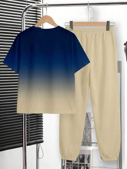 Ensemble T-shirt à col rond à manches courtes et pantalon long décontracté, confortable et minimaliste pour garçon préadolescent, imprimé dégradé classique et cool, imprimé graphique logo sport, adapté au printemps/été, saison de la rentrée scolaire
