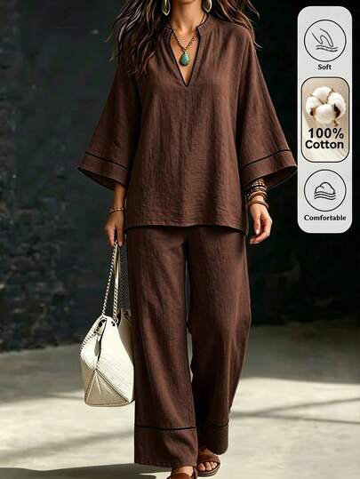 Omancia Ensemble 2 pièces pour femmes, taille standard, top ajusté noir à col V avec patchwork aux poignets + pantalon décontracté à jambe droite avec taille élastique, style vacances et loisirs