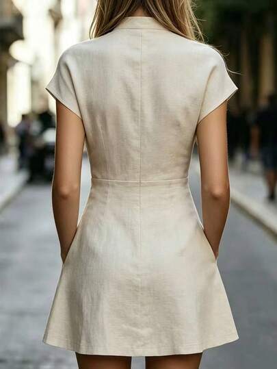 Robe courte décontractée polyvalente pour femmes avec texture plissée et poches, manches courtes