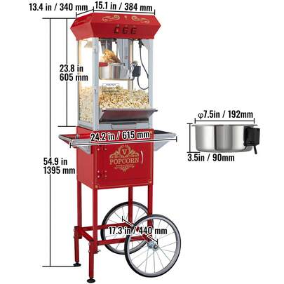 Machine à pop-corn avec chariot, machine à pop-corn 850 W, cuve de 8 oz produit 48 tasses par fournée, machine à pop-corn équipée de verre trempé, comprend 4 louches, style cinéma, rouge