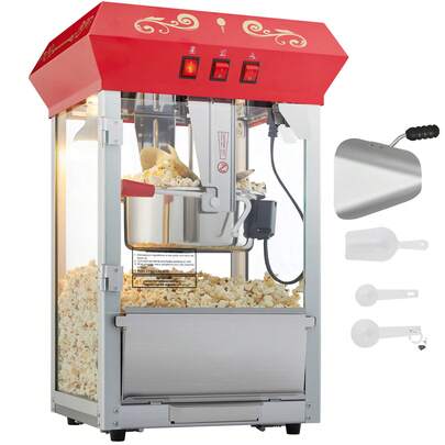 Machine à pop-corn, machine à pop-corn 850 W, cuve de 8 oz produit 48 tasses par fournée, machine à pop-corn de comptoir avec verre trempé, comprend 4 cuillères, style cinéma, rouge