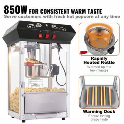 Machine à pop-corn, machine à pop-corn 850W, cuve de 8 oz produit 48 tasses par fournée, machine à pop-corn de comptoir avec verre trempé, comprend 4 louches, style cinéma, noir