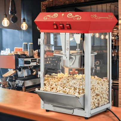 Machine à pop-corn, machine à pop-corn 850 W, cuve de 8 oz produit 48 tasses par fournée, machine à pop-corn de comptoir avec verre trempé, comprend 4 cuillères, style cinéma, rouge