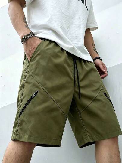 1 pièce Short de sport décontracté vert armée pour hommes, nouveau short d'été fin à séchage rapide, style streetwear fonctionnel avec poches zippées
