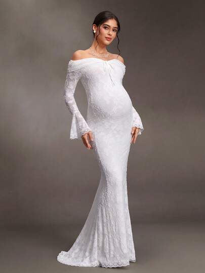 Robe de fête de Noël/Robes de fête élégantes/Robe sirène blanche élégante à épaules dénudées, manches longues, extra longue, en dentelle, convenant pour mariage, robe de fête, photographie de maternité, baby shower