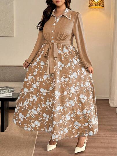Vionelle Robe longue à manches longues en jacquard, style décontracté élégant français pour femmes grandes tailles, automne/hiver
