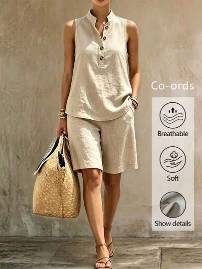 Glimmora Ensemble 2 pièces décontracté pour femmes avec chemise sans manches à demi-patte boutonnée et short de couleur unie