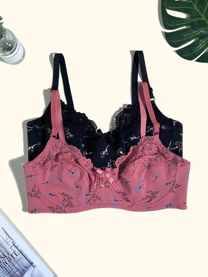3 pièces/Set Soutien-gorge sans couture avec imprimé frais, armatures, soutien latéral, bretelles réglables, confortable pour tous les jours, grande taille pour femmes