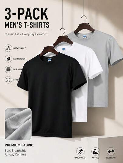 3 pièces/Set T-shirts de sport d'été à séchage rapide pour hommes - Col rond multicolore à manches courtes, hauts polyvalents et respirants, convenant pour la fitness et la course, légers