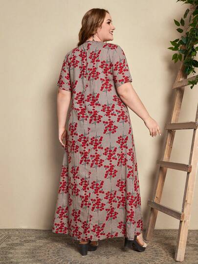 BrightlyHer Robe d'été longue à fleurs avec manches et boutons pour grandes tailles, robe de plage, robe de vacances bohème