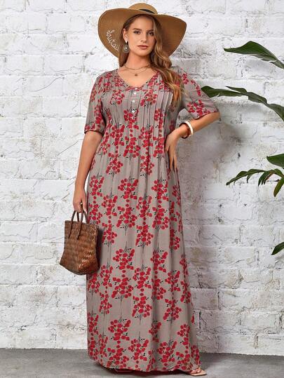 BrightlyHer Robe d'été longue à fleurs avec manches et boutons pour grandes tailles, robe de plage, robe de vacances bohème