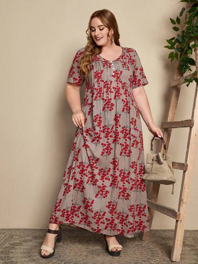 BrightlyHer Robe d'été longue à fleurs avec manches et boutons pour grandes tailles, robe de plage, robe de vacances bohème