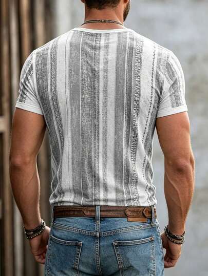 T-shirt col V à rayures verticales vintage pour hommes, 100% fibre de polyester, Top d'été décontracté à manches courtes