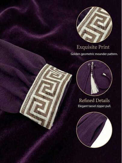 Robe longue maxi violet foncé avec fermeture éclair avant, imprimé géométrique, détails aux poignets et à la taille, robe de vacances décontractée à manches longues amples pour l'automne