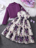 Ensemble 2 pièces pour jeunes filles : veste à col à la mode à manches longues avec taille élastique et robe camisole trapèze à volants imprimé floral, convient pour le port décontracté quotidien et les vacances, printemps/automne