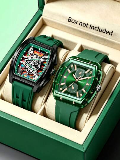 2 pièces/Set Montre quartz pour hommes, style business décontracté, cadran carré ajouré, bracelet en silicone vert, convient pour le port quotidien, l'assortiment de tenues, la saison de la remise des diplômes, divers cadeaux de fête pour les amis et le p