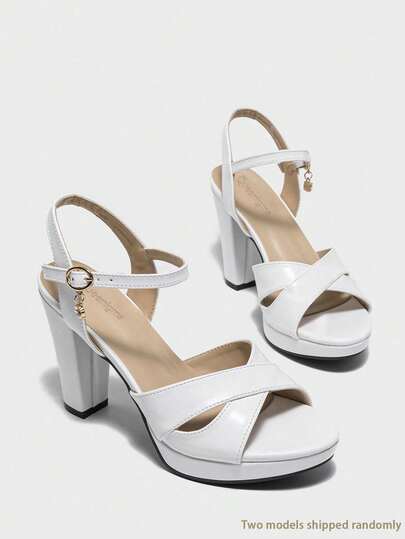 Queenigma Sandales à talons hauts pour femmes avec boucle en strass séduisante et bride à la cheville, sandales d'été, talon épais à plateforme, blanc, glamour pour les fêtes