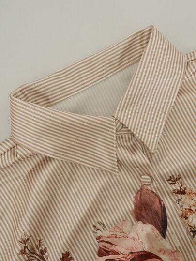 Chemise en satin à manches longues avec imprimé rose vintage et col rayé - convient pour le travail.
