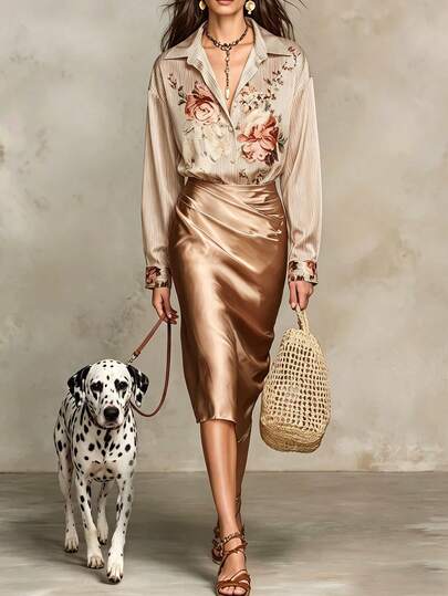 Chemise en satin à manches longues avec imprimé rose vintage et col rayé - convient pour le travail.