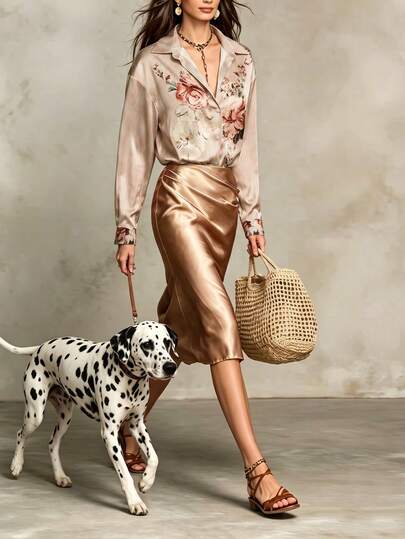 Chemise en satin à manches longues avec imprimé rose vintage et col rayé - convient pour le travail.
