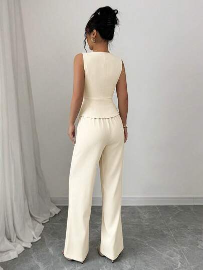 Elenzga Ensemble veste sans manches élégante et pantalon pour femmes, style affaires/déplacement, été