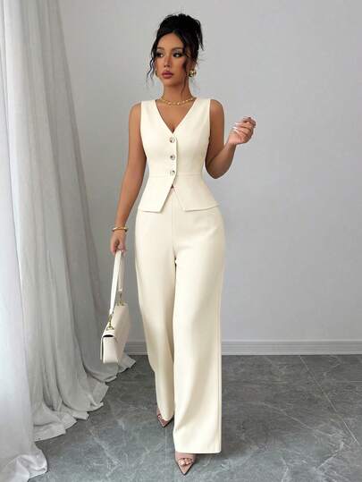 Elenzga Ensemble veste sans manches élégante et pantalon pour femmes, style affaires/déplacement, été