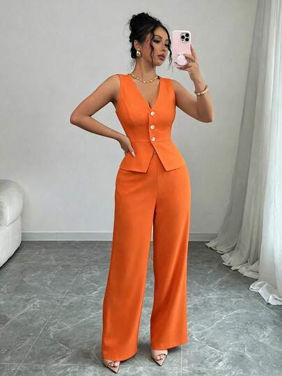 Elenzga Ensemble veste sans manches élégante et pantalon pour femmes, style affaires/déplacement, été