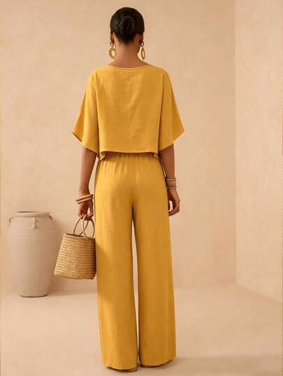 Veneréa Ensemble de pantalons larges et amples de couleur unie pour femmes, été