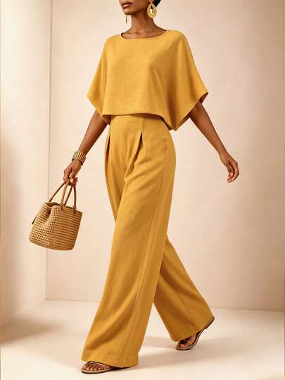 Veneréa Ensemble de pantalons larges et amples de couleur unie pour femmes, été