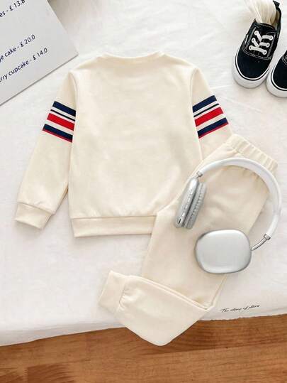 Genkimix Kids 2 pièces/Ensemble sweat-shirt + Pantalon style académie sportive décontractée pour jeune garçon, motif ailé mignon et cool, blocs de couleurs et rayures, convient pour le port quotidien, l'école, les sorties, les sports, le printemps et l'au