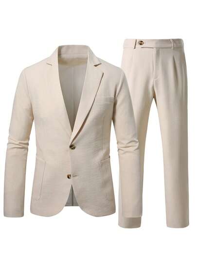 Manfinity Mode Costume élégant beige en mélange de lin à deux boutons pour hommes grande taille, ensemble deux pièces, convient pour mariage .