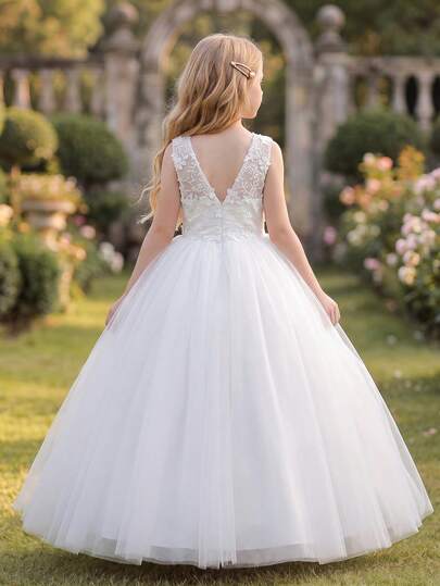 Robe longue élégante de demoiselle d'honneur blanche, dos nu, en dentelle avec broderie florale et maille, robe de princesse pour filles, robe de soirée, robe de bal, robe de banquet, cérémonie de remise des diplômes pour adultes, fête d'anniversaire, mar