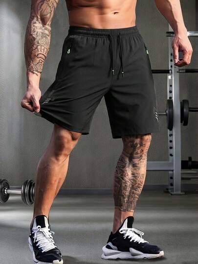 Short de sport pour hommes, couleur unie, avec cordon de serrage et poches, léger et confortable, convient pour les sports d'été et les tenues décontractées, noir