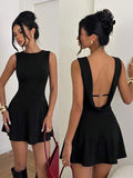 Aloruh Robe mini noire unie pour femme, début d'automne, robe et élégante, dos nu, col bénitier, coupe trapèze, petite robe noire, robe d'invitée de mariage