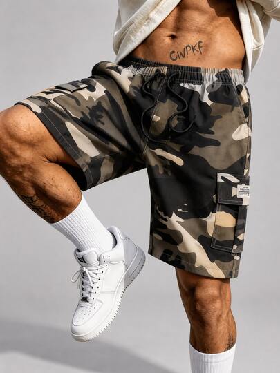 Short cargo décontracté pour homme printemps/été, taille élastique, multicolore, coupe ample, motif camouflage, style vintage workwear, sport